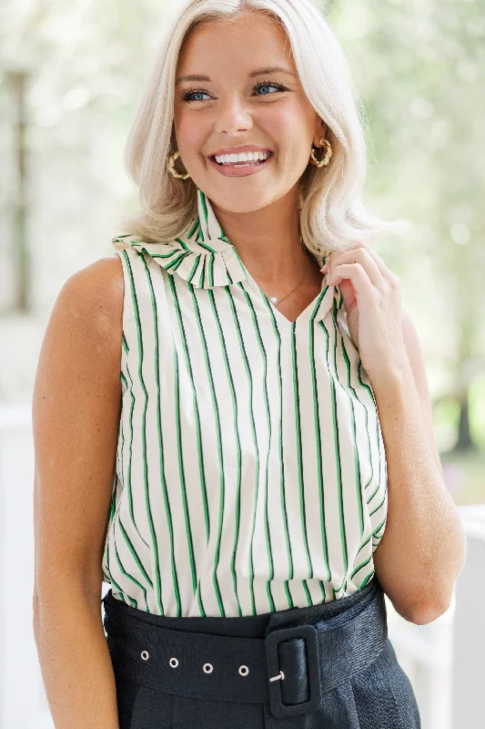 Keep An Eye Out Green Striped Blouse Drape Neck Blouse