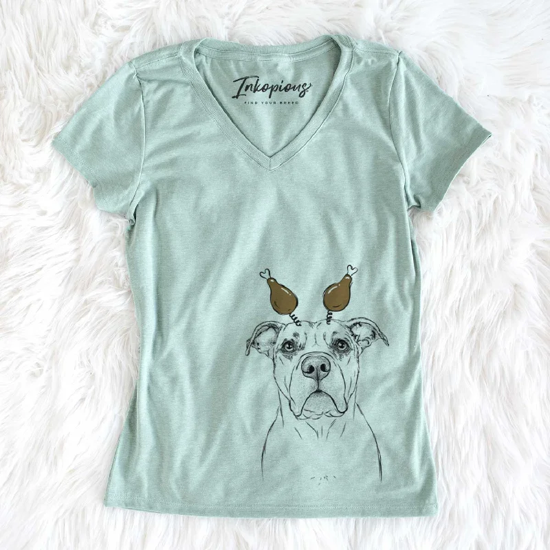 Thanksgiving KiaOra the Pitbull Mix - Women's V-neck Shirt-- Embroidered Appliqued Beaded Thanksgiving KiaOra the Pitbull Mix - Women's V-neck Shirt-- Embroidered Appliqued Beaded