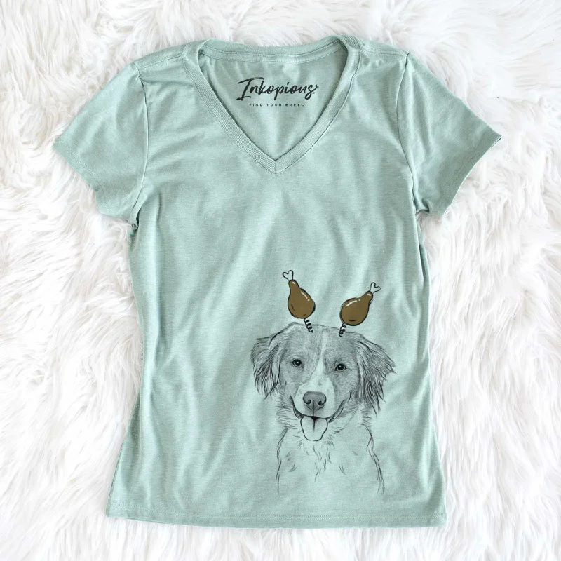Thanksgiving Hercules the Nederlandse Kooikerhondje - Women's V-neck Shirt-- Houndstooth Herringbone Solid