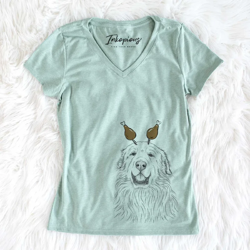Thanksgiving Horton the Great Pyrenees - Women's V-neck Shirt-- Graphic Embroidered Appliqued