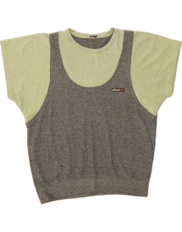 ELLESSE Womens Blouse Top UK 12 Medium Green Colourblock Slim Fit Blouse