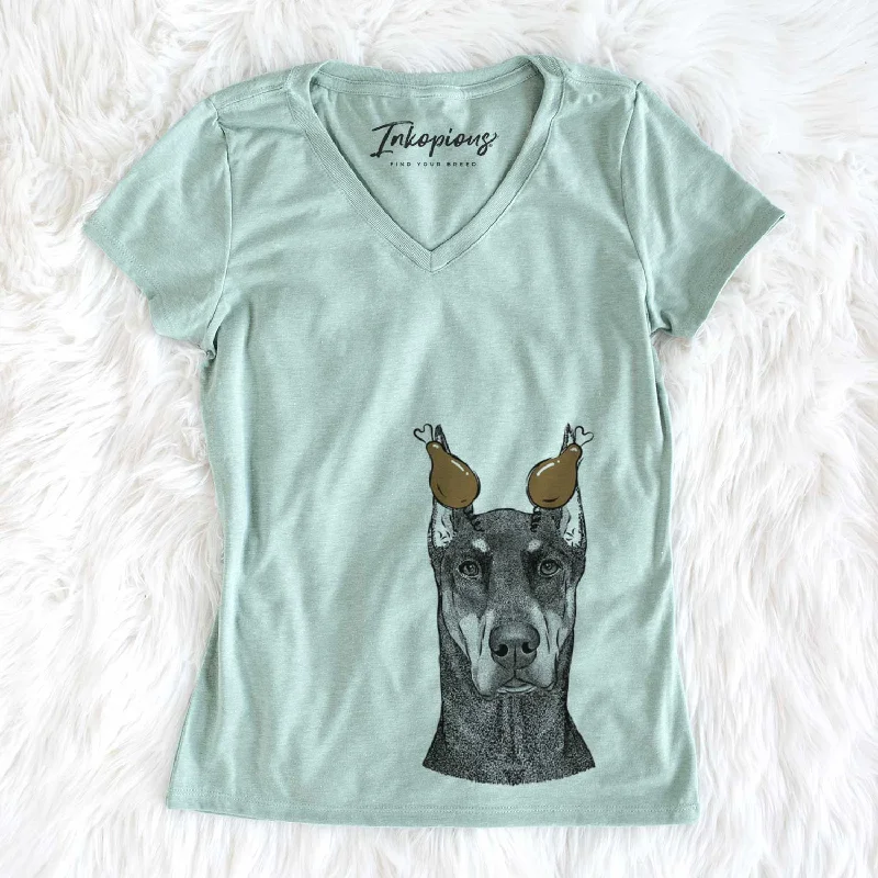 Thanksgiving Drake the Doberman Pinscher - Women's V-neck Shirt-- Mesh Canvas Denim
