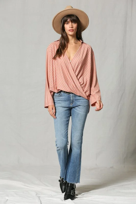 Striped V Neck Blouse Casual Relaxed Fit Blouse