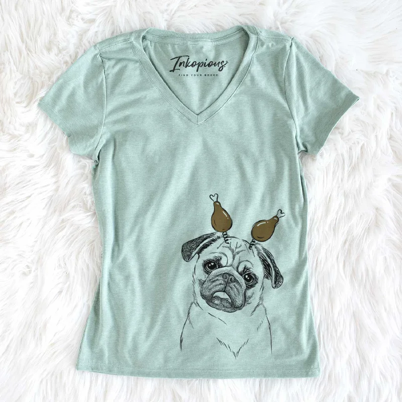 Thanksgiving Macy the Pug - Women's V-neck Shirt-- Lace Blend Ribbed Blend Corduroy Blend Thanksgiving Macy the Pug - Women's V-neck Shirt-- Lace Blend Ribbed Blend Corduroy Blend