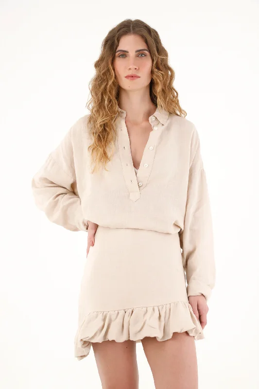 Women's 100% linen cream shirt-- Embroidered Appliqued Beaded