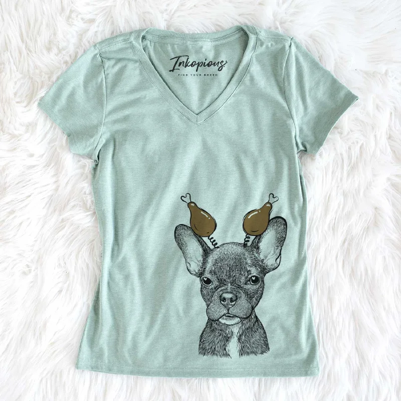 Thanksgiving Henry the French Bulldog - Women's V-neck Shirt-- Collared Crew Neck Turtle Neck