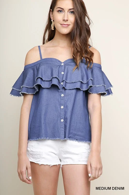Denim Open Shoulder Blouse Sleeveless Chiffon Blouse