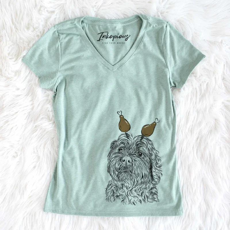 Thanksgiving Maggie Girl the Cockapoo - Women's V-neck Shirt-- Embroidered Appliqued Beaded