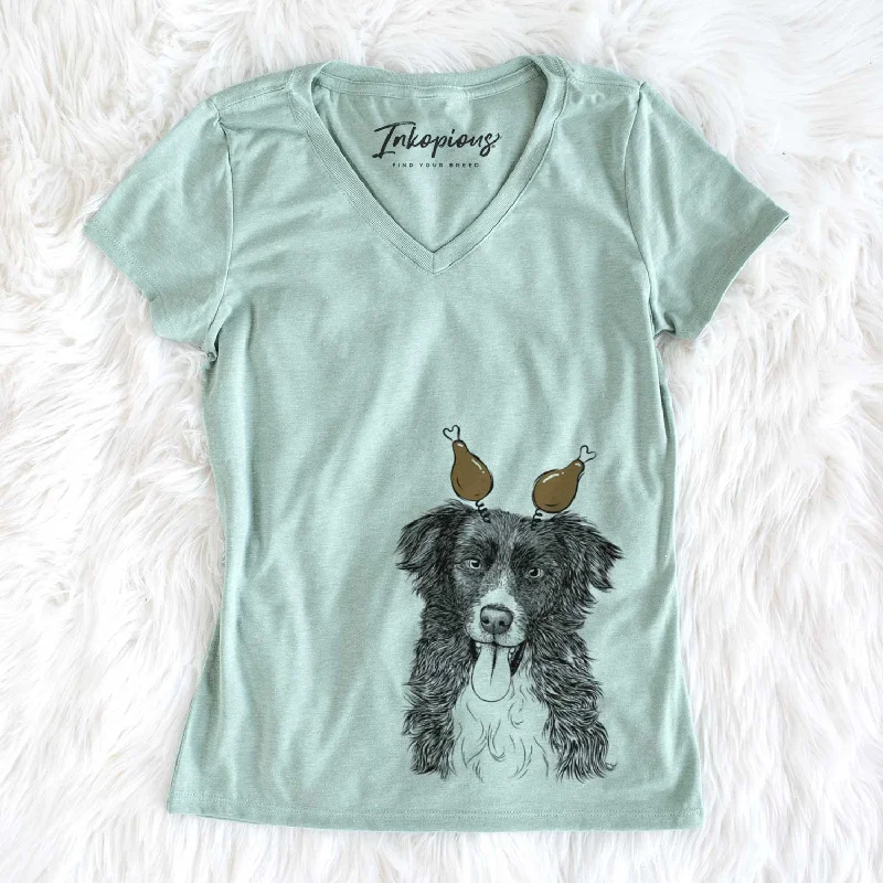 Thanksgiving Indi the Border Collie - Women's V-neck Shirt-- Chenille Brocade Lace