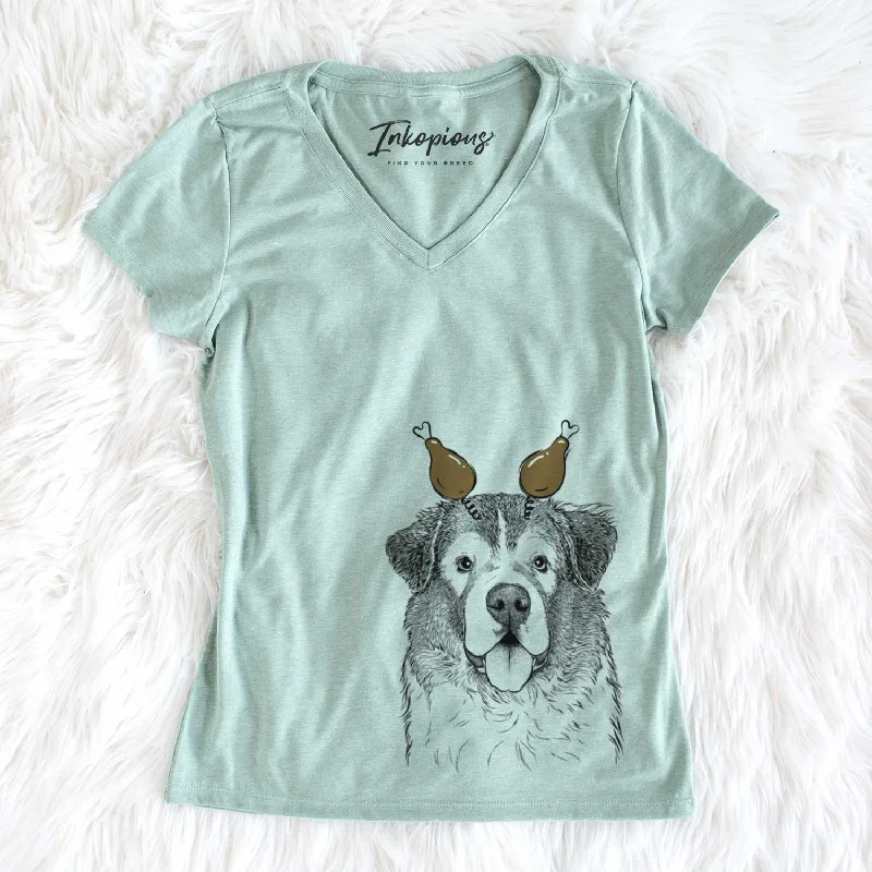 Thanksgiving Dilly the Saint Bernard - Women's V-neck Shirt-- Striped Floral Plaid
