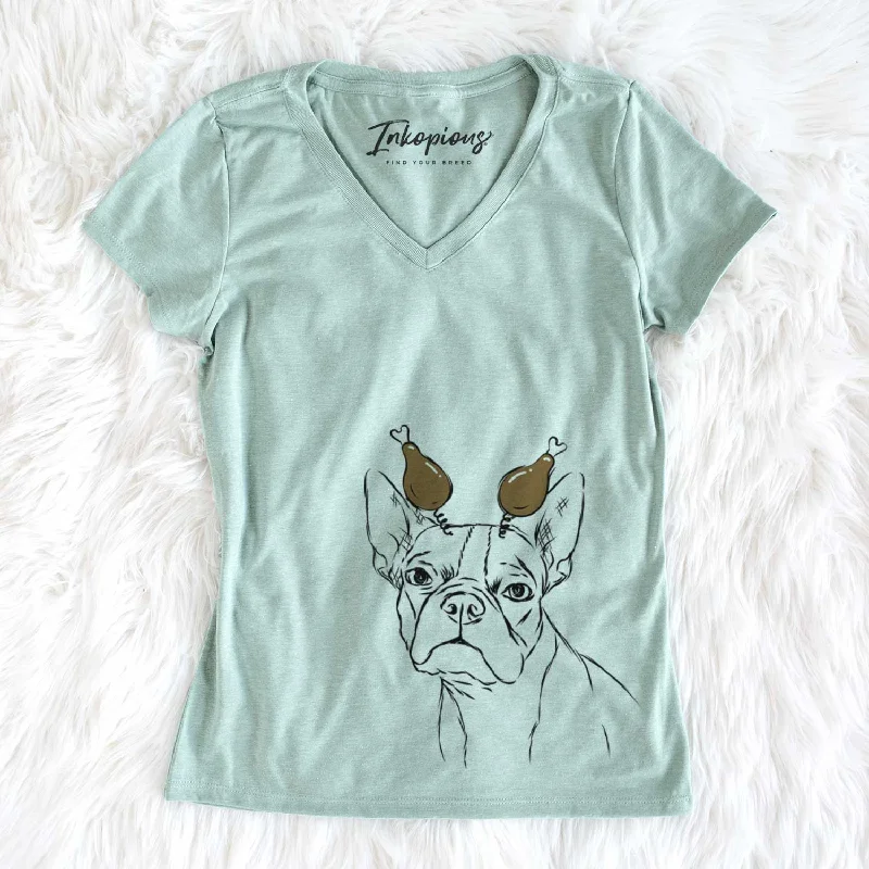 Thanksgiving Charles the Boston Terrier - Women's V-neck Shirt-- Satin Fabric Silk Fabric Chiffon Fabric Thanksgiving Charles the Boston Terrier - Women's V-neck Shirt-- Satin Fabric Silk Fabric Chiffon Fabric