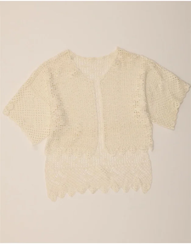VINTAGE Womens Crochet Blouse Top UK 18 XL White Balloon Sleeve Blouse