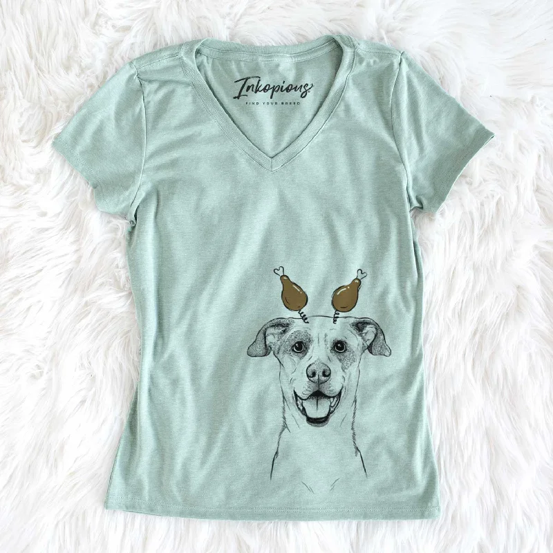 Thanksgiving Buffy the Mixed Breed - Women's V-neck Shirt-- Zippered Front Buttoned Front Snap Front Thanksgiving Buffy the Mixed Breed - Women's V-neck Shirt-- Zippered Front Buttoned Front Snap Front