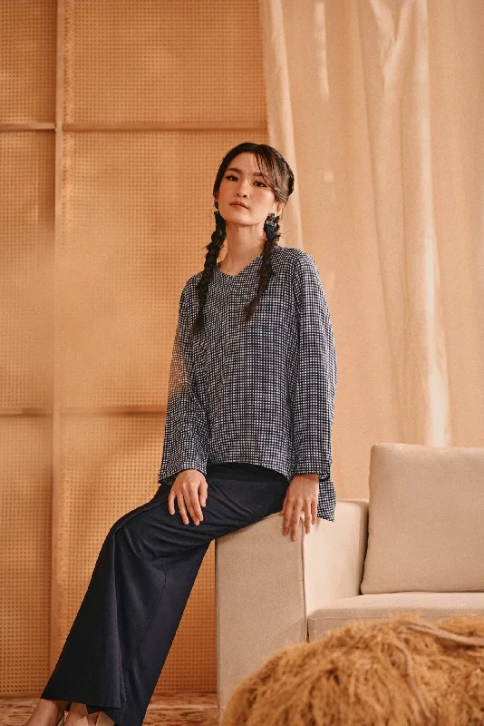 The Nest Women Flare Blouse - Blue Checked Satin Drape Blouse