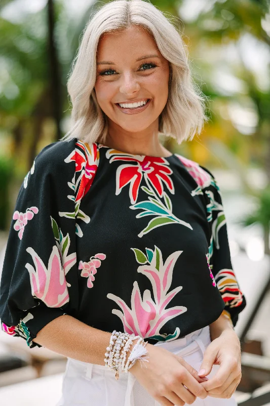 Take You Away Black Floral Blouse Soft Knit Blouse