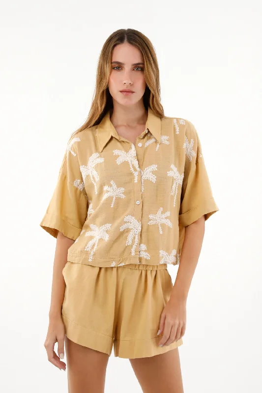 Women's Brown Cropped Shirt-- Hooded Caped Shawl Collar