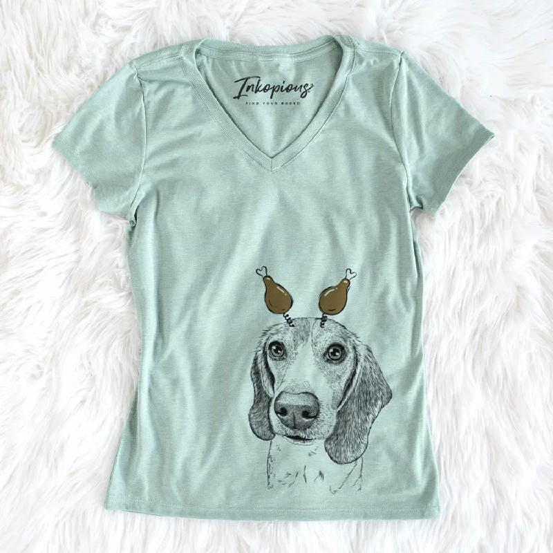 Thanksgiving Elvis the Bluetick Beagle - Women's V-neck Shirt-- Sequined Glittery Shiny Thanksgiving Elvis the Bluetick Beagle - Women's V-neck Shirt-- Sequined Glittery Shiny