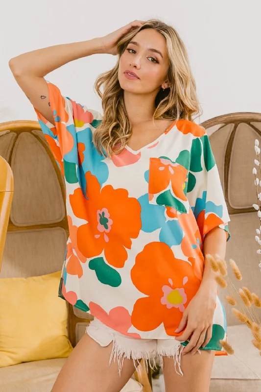 Hazel Blues® |  BiBi Floral V Neck Slit Side T-Shirt-- Polka Dot Checkered Tartan