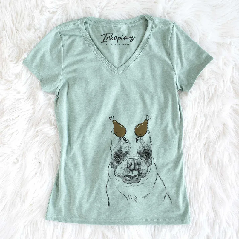 Thanksgiving Lentil the French Bulldog - Women's V-neck Shirt-- Silk Blend Satin Velvet Thanksgiving Lentil the French Bulldog - Women's V-neck Shirt-- Silk Blend Satin Velvet
