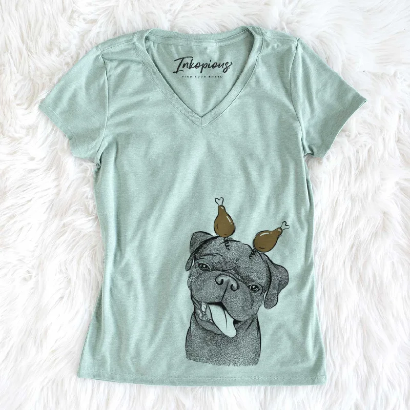 Thanksgiving Dudley Danger the Pug - Women's V-neck Shirt-- Rayon Velvet Corduroy