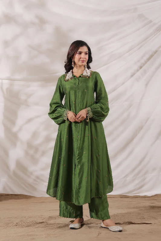 Pankh Shirt Style Embroidered Kurta Set-- Cashmere Blend Cotton Blend Poly Blend