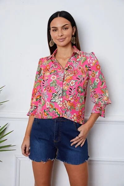 Blue Zone Planet | Floral Button Up Flounce Sleeve Shirt-- Chenille Blend Fleece Blend Nylon Blend Blue Zone Planet | Floral Button Up Flounce Sleeve Shirt-- Chenille Blend Fleece Blend Nylon Blend