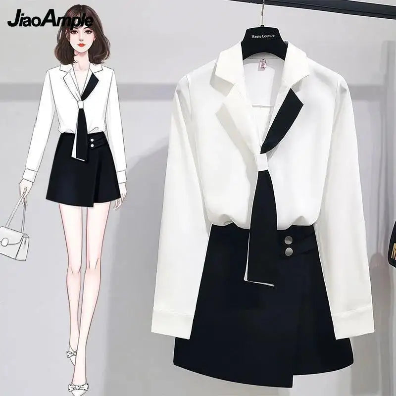 Yipinpay Girl White Shirt Top Midi Skirt Two-piece Women's Professional Suit Korean Fashion Elegant Blouse Dress Set Female Clothes Airy Cotton Blouse