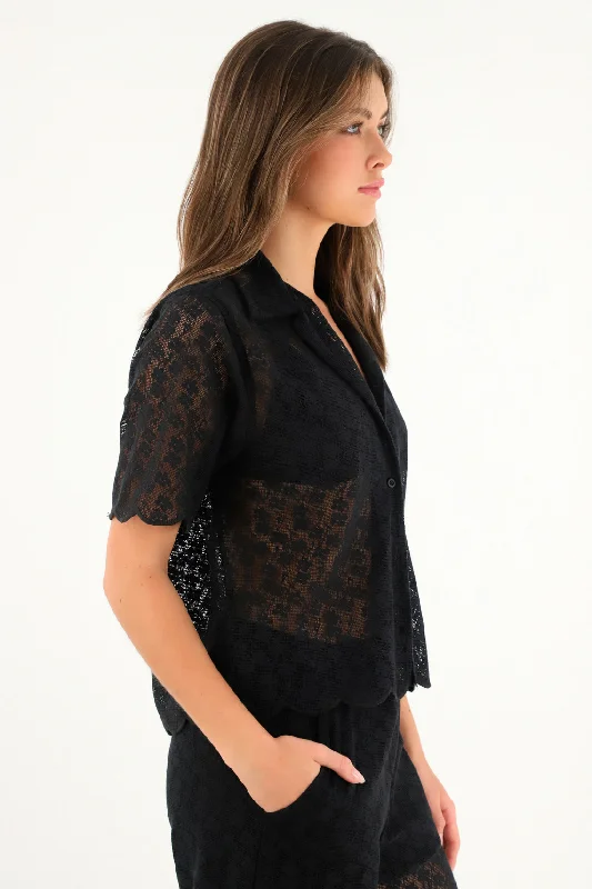 Women's black lace bowling shirt-- Hooded Caped Shawl Collar