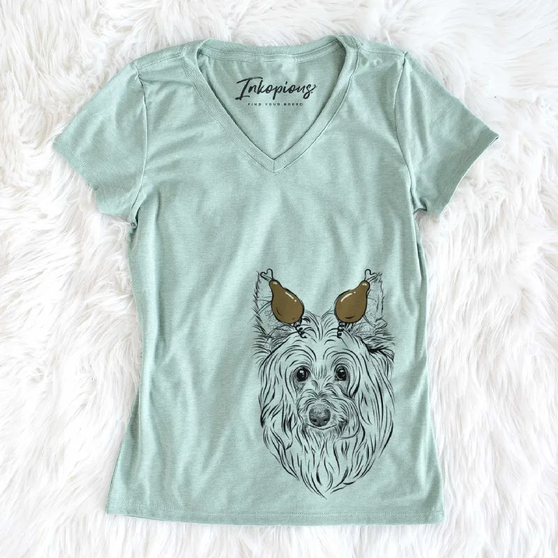 Thanksgiving Daisy May the Silky Terrier - Women's V-neck Shirt-- Spandex Blend Rayon Blend Denim Blend Thanksgiving Daisy May the Silky Terrier - Women's V-neck Shirt-- Spandex Blend Rayon Blend Denim Blend