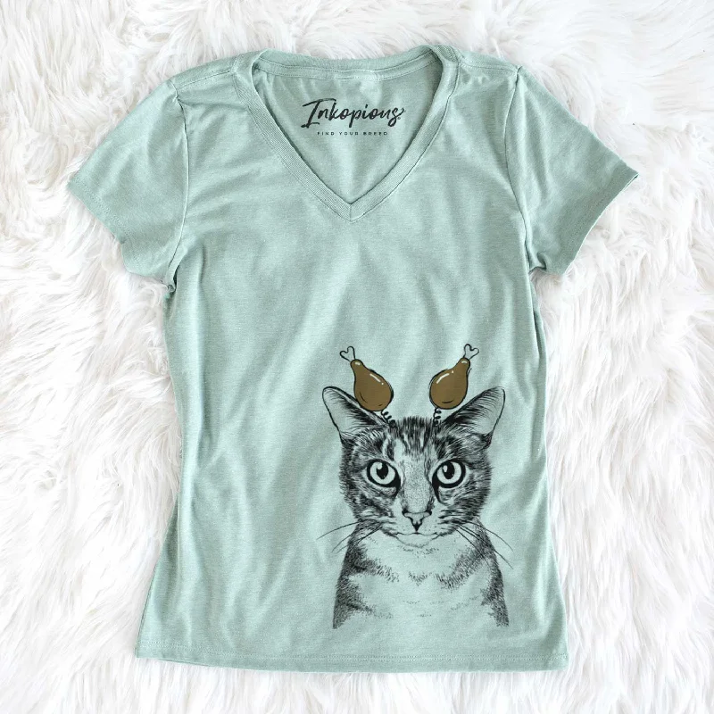 Thanksgiving Hobbes the Tabby Cat - Women's V-neck Shirt-- Mesh Blend Leather Blend Suede Blend