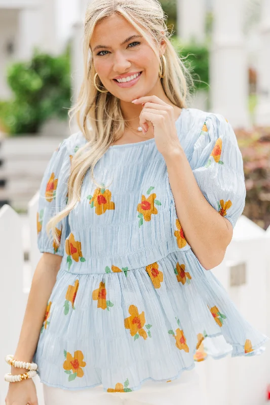 Floral Dreams Light Blue Textured Blouse Sweetheart Neck Blouse