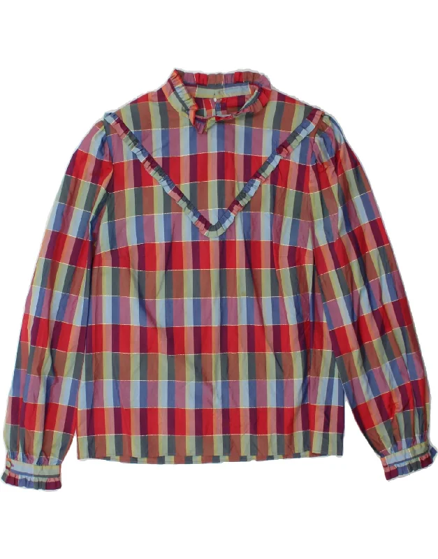 VINTAGE Womens Long Sleeve Blouse Top UK 16 Large Multicoloured Check Satin Drape Blouse