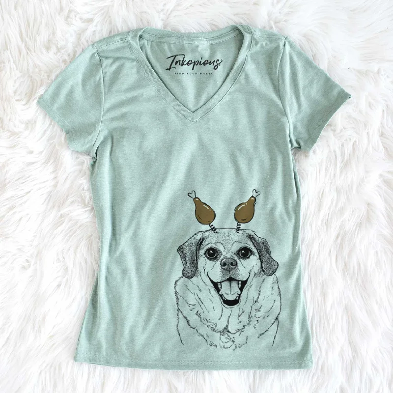 Thanksgiving Little Man the Puggle - Women's V-neck Shirt-- Chenille Brocade Lace