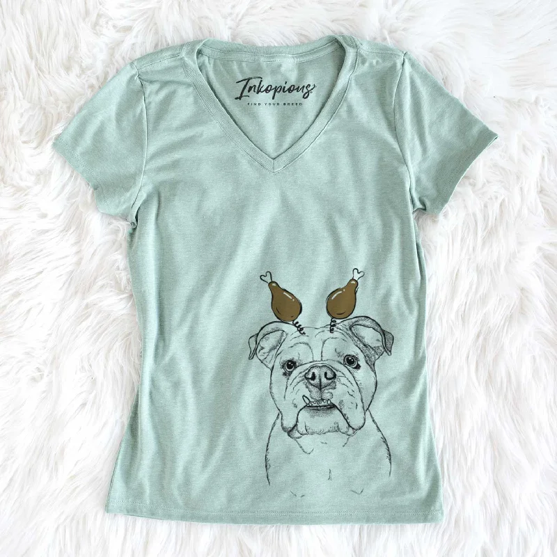 Thanksgiving Dazy the English Bulldog - Women's V-neck Shirt-- Front Pockets Side Pockets Patch Pockets