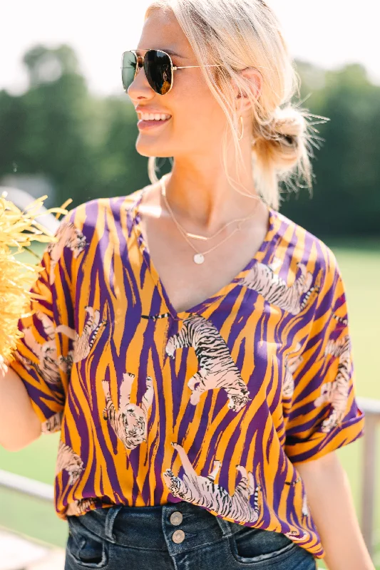 The Madison Yellow and Purple Stripe Blouse Stretchy Fitted Blouse