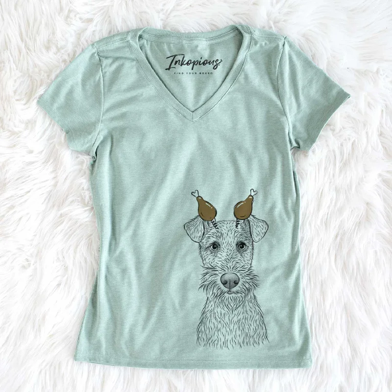Thanksgiving Fitz the Wire Fox Terrier - Women's V-neck Shirt-- Mesh Blend Leather Blend Suede Blend Thanksgiving Fitz the Wire Fox Terrier - Women's V-neck Shirt-- Mesh Blend Leather Blend Suede Blend