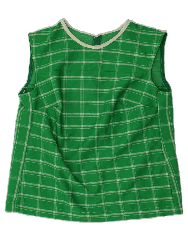 VINTAGE Womens Sleeveless Blouse Top UK 10 Small Green Check Wrap Front Blouse