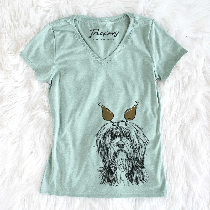 Thanksgiving Fiji the Polish Lowland Sheepdog - Women's V-neck Shirt-- Hooded Caped Shawl Collar Thanksgiving Fiji the Polish Lowland Sheepdog - Women's V-neck Shirt-- Hooded Caped Shawl Collar
