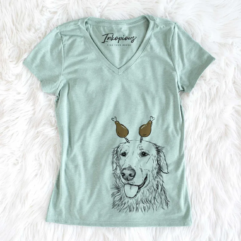 Thanksgiving Hopper the Golden Retriever - Women's V-neck Shirt-- Real Fur Shearling Chenille