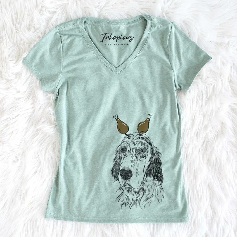 Thanksgiving Hutch the English Setter - Women's V-neck Shirt-- Handmade Hand-knitted Hand-woven
