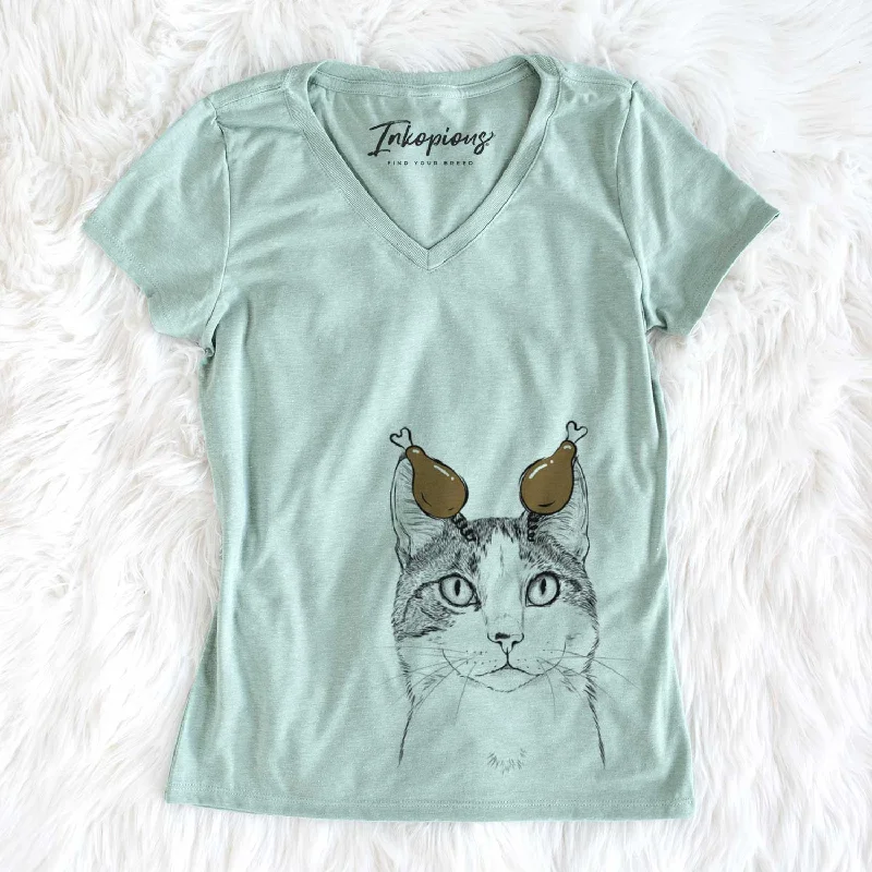 Thanksgiving Mini Griffin the Domestic Shorthair Cat - Women's V-neck Shirt-- Solid Color Striped Floral