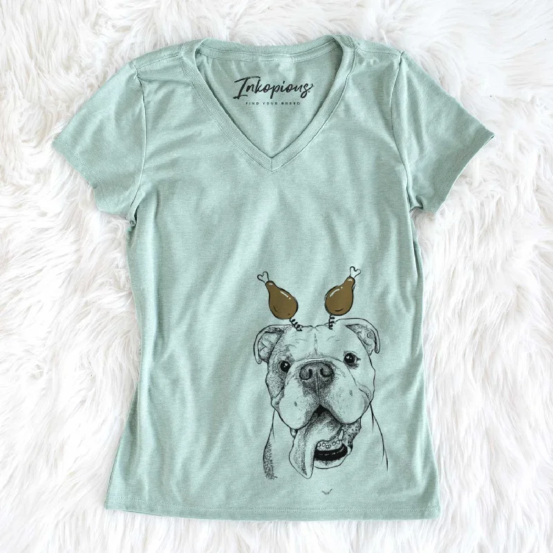 Thanksgiving Hank the English Bulldog - Women's V-neck Shirt-- Mesh Fabric Canvas Fabric Denim Fabric Thanksgiving Hank the English Bulldog - Women's V-neck Shirt-- Mesh Fabric Canvas Fabric Denim Fabric