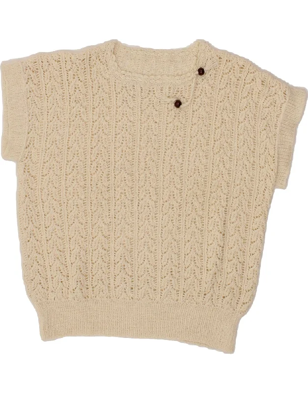 VINTAGE Womens Knit Blouse Top UK 16 Large Beige Airy Cotton Blouse