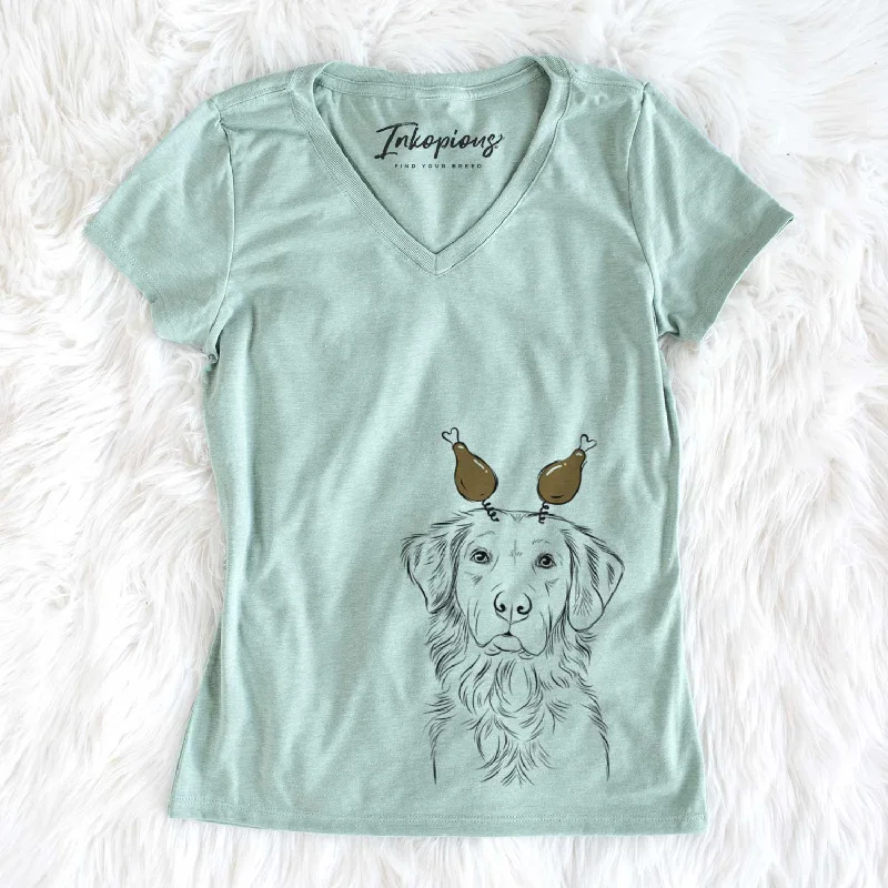 Thanksgiving Linden the Golden Retriever - Women's V-neck Shirt-- Handmade Hand-knitted Hand-woven Thanksgiving Linden the Golden Retriever - Women's V-neck Shirt-- Handmade Hand-knitted Hand-woven