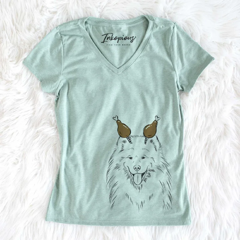 Thanksgiving Mikko the Samoyed - Women's V-neck Shirt-- Elasticated Padded Insulated