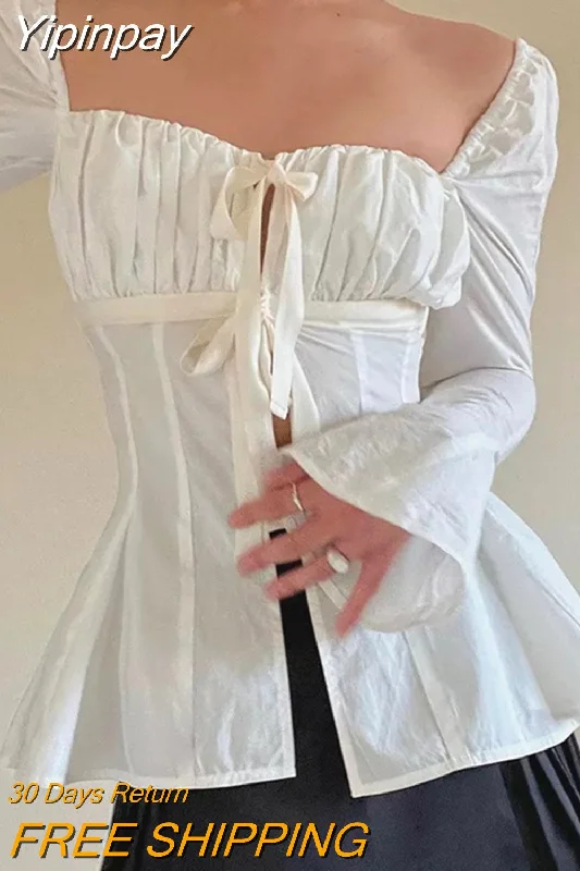Yipinpay Chic White Shirts for Women Flare Long Sleeves Pleated Square Neck Bow Knotted Dress Tops Casual Elegant Blouses 0406 Stretchy Fitted Blouse
