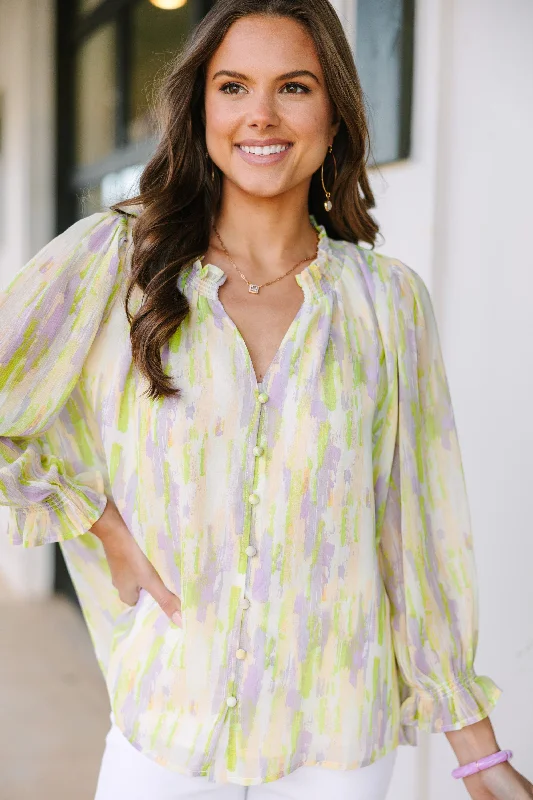 On The Move Chartreuse Yellow Floral Blouse Sweetheart Neck Blouse