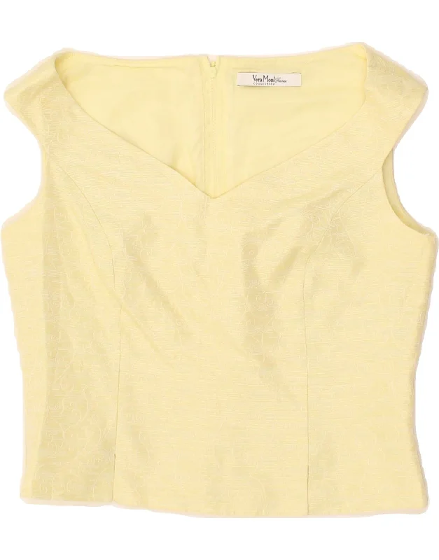VERA MONT Womens Sleeveless Crop Blouse Top UK 12 Medium  Yellow Acetate Sheer Mesh Blouse
