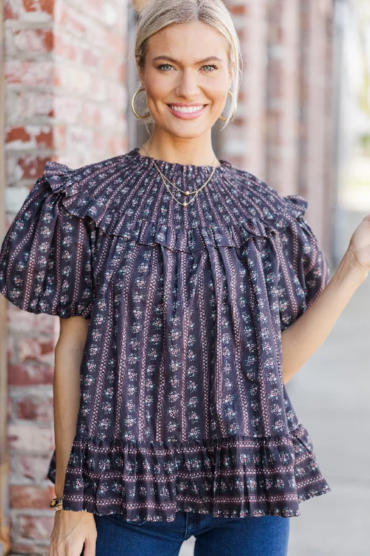 Aureum: Remember You Well Black Ditsy Floral Blouse Mandarin Collar Blouse