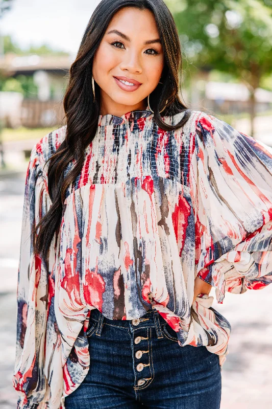 Run With It Navy Blue Abstract Blouse Elegant Lace Blouse